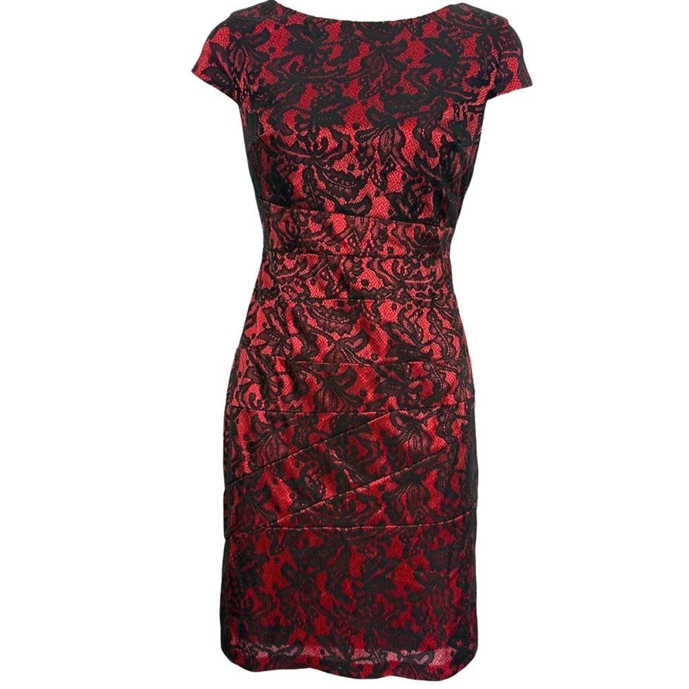 Alyx Petite Red Black Lace Cocktail Party Knee Length Sheath Cap Sleeve Dress 6